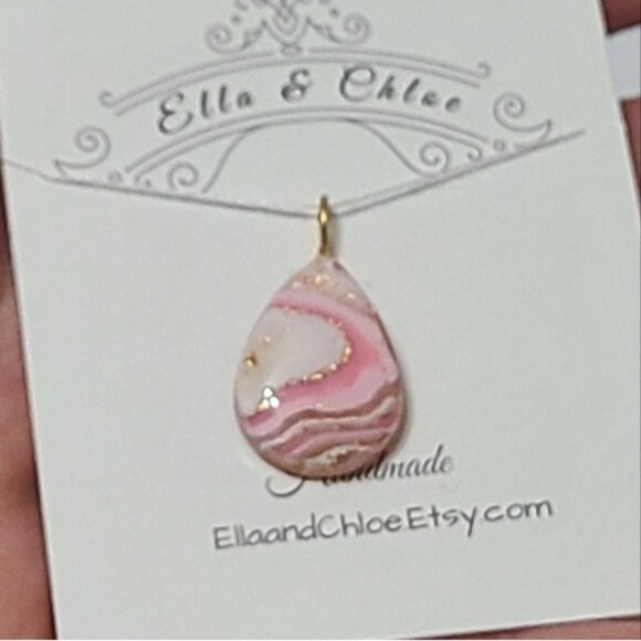 Handcrafted Boho Gold Pink White Gemstone Agate Teardrop Pendant Necklace - Picture 2 of 8